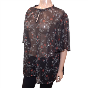 💠MICHEL STUDIO Sheer Floral Top Keyhole Short Sleeve